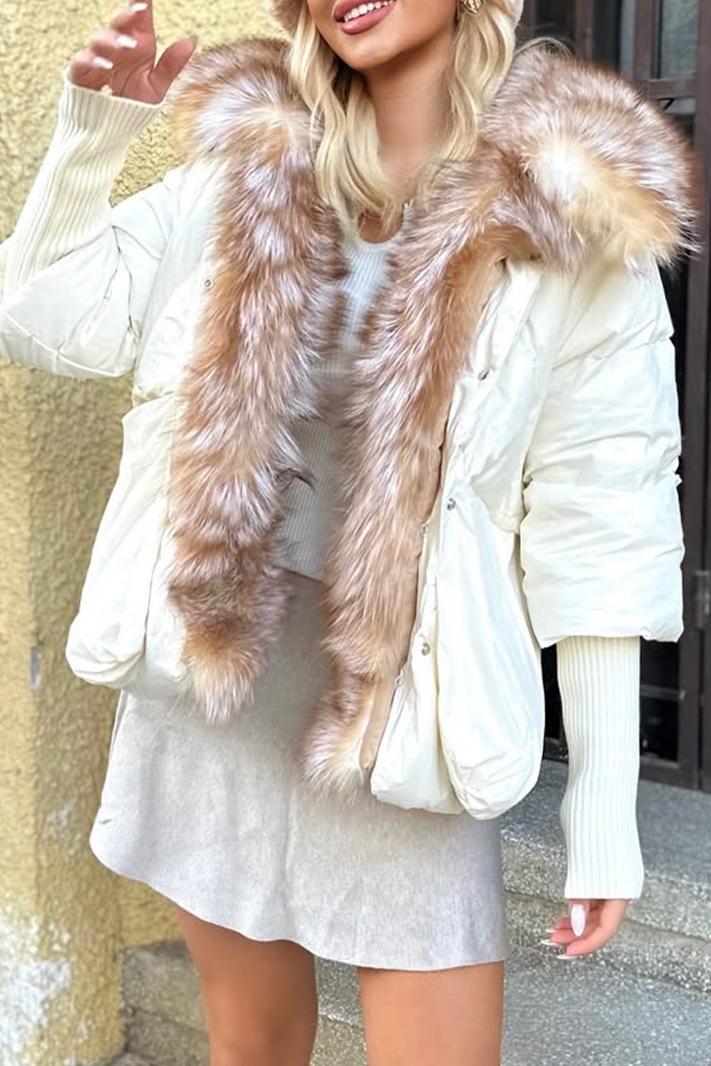 Women's Casual Solid Color Warm Large Fur Collar Cotton Coat