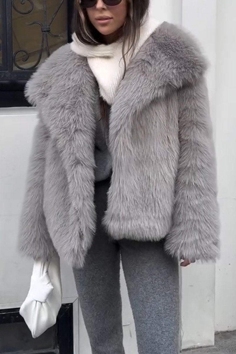 Women's Fashion Lapel Solid Color Faux Fur Winter Coat