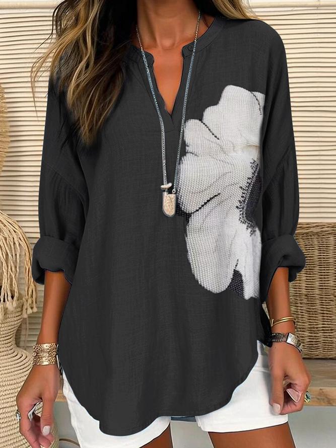 Women's V-neck Casual Printed Long-sleeved Shirt