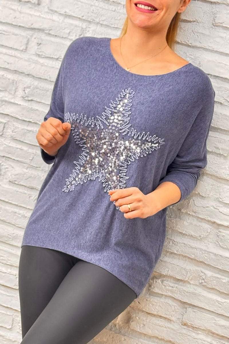 Women's casual with sequins and stars round neck T-shirt