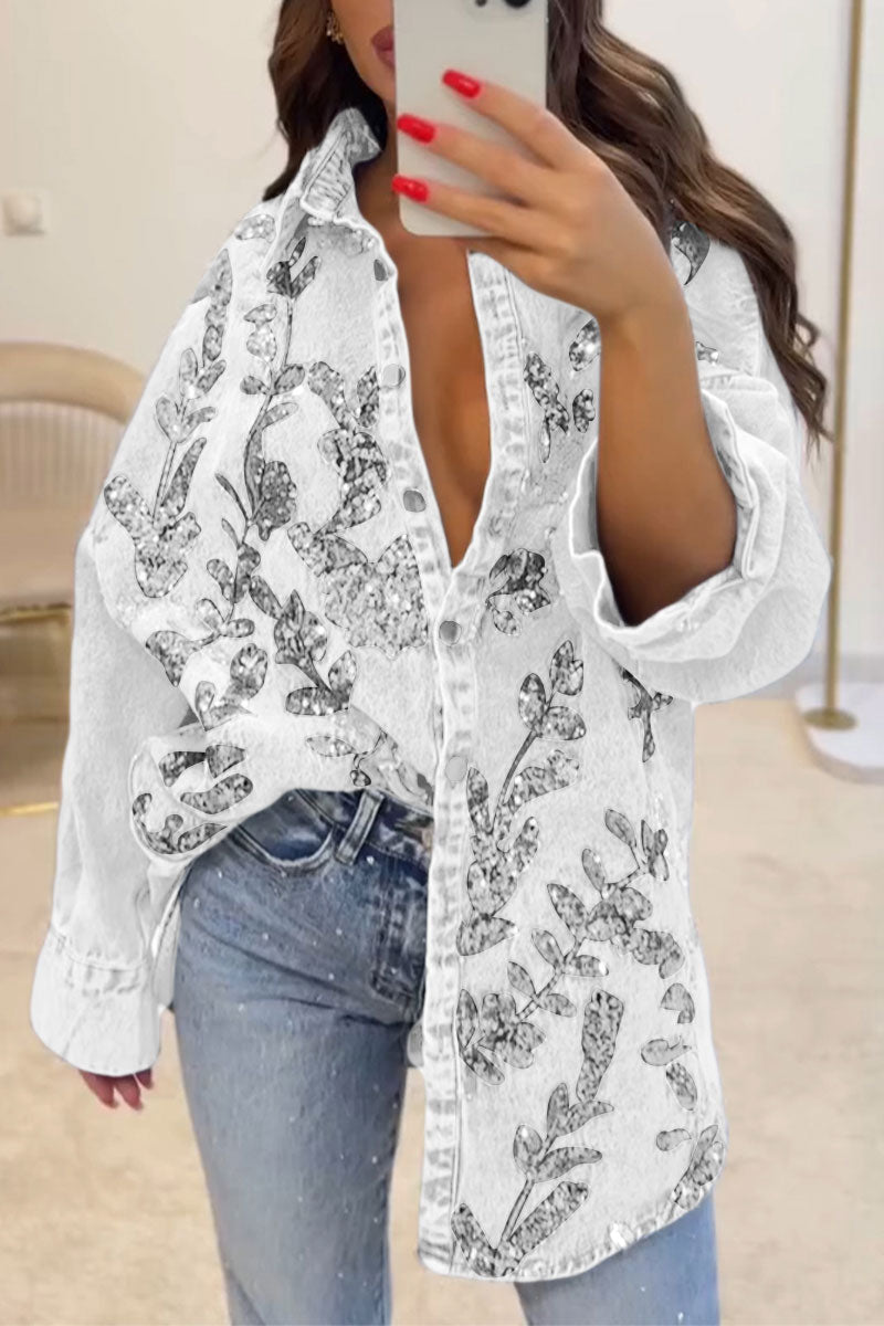 Women's Denim Sequin Embroidered Lapel Top