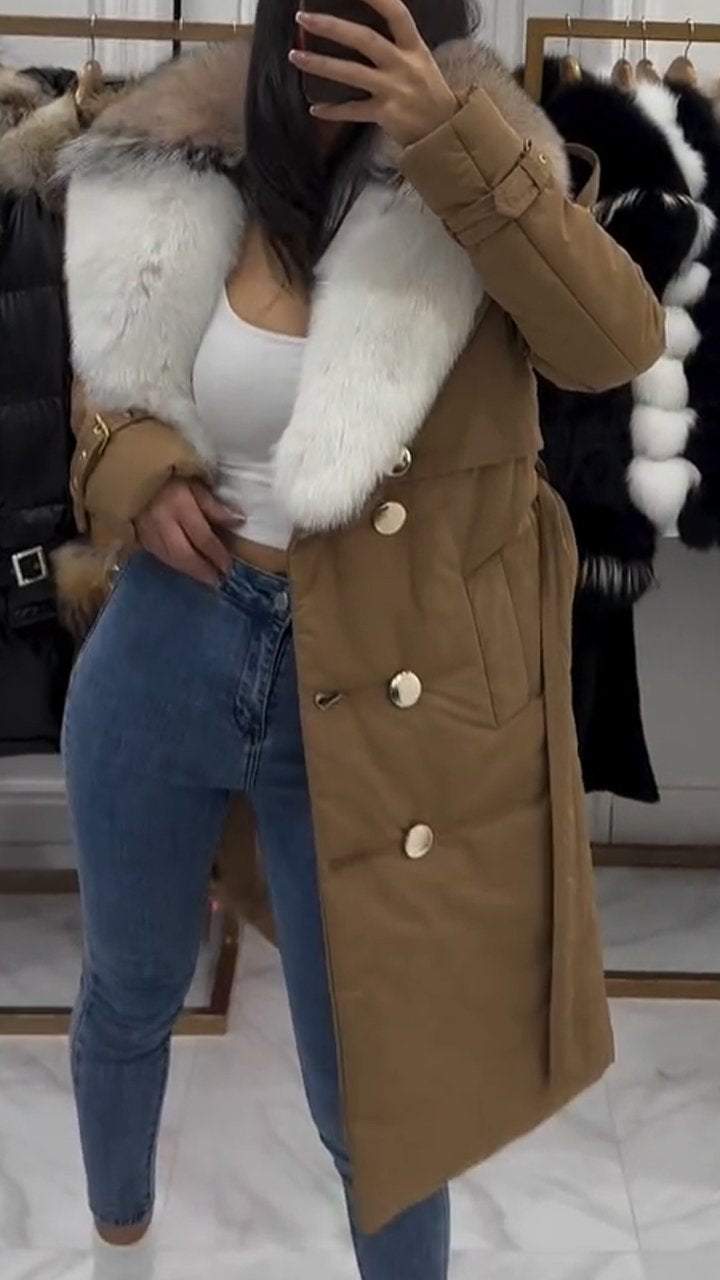 Women's Fur Buttoned Long Coat with Large Lapel