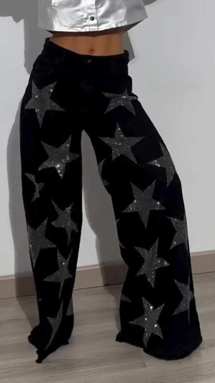 Women's Star Diamond Shiny Casual Denim Pants