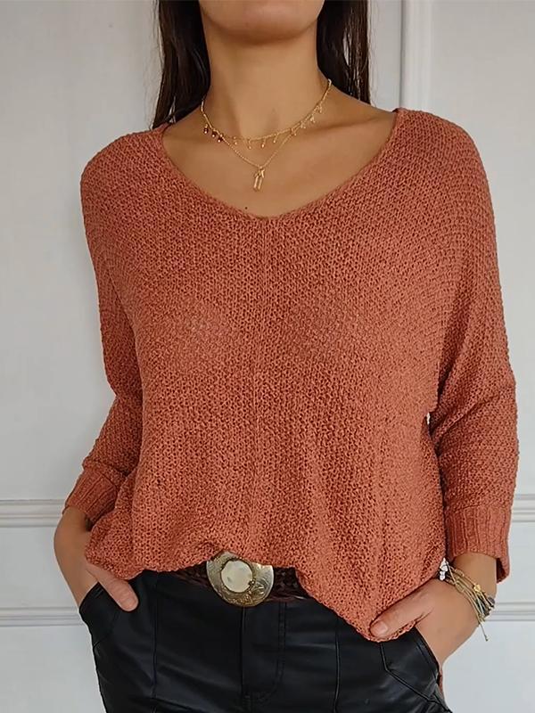 Women's V-neck Knitted Long-sleeved Top