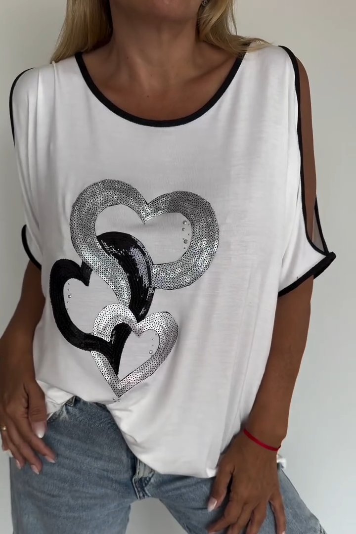 Women's Casual Sleeve Hollow Design Heart Silver Hot Stamping T-shirt Top