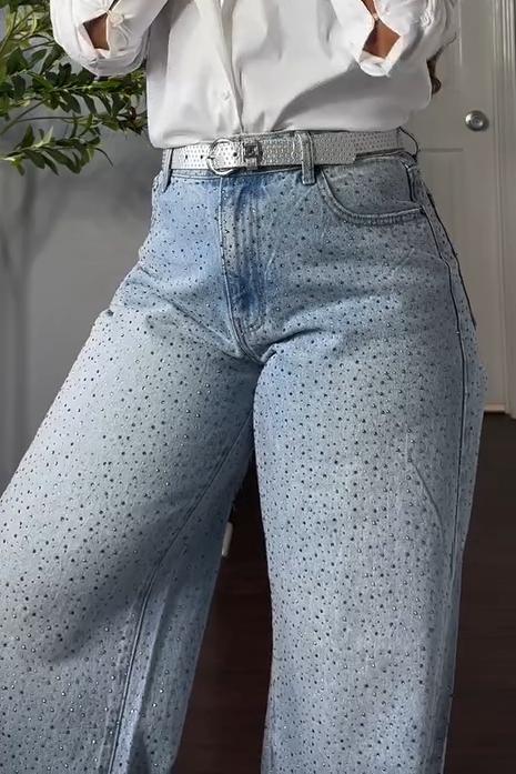 Women's Fashion High Waist Rhinestone Wide Leg Jeans