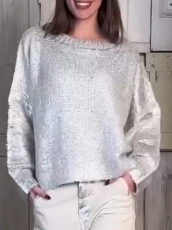 Women's Round Neck Long Sleeve Silver Hot Casual Sweater