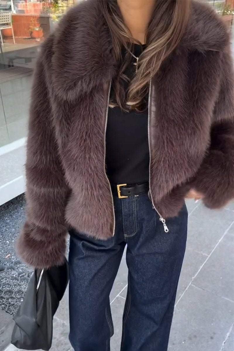 Women's Fashion Lapel Solid Color Faux Fur Winter Coat