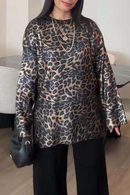 Women's Casual Round Neck Leopard Print Gold-stamped Top