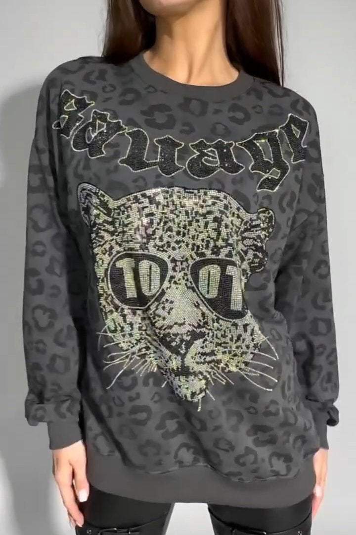 Women's Casual Leopard Print Animal Letter Hot Diamond Print Top