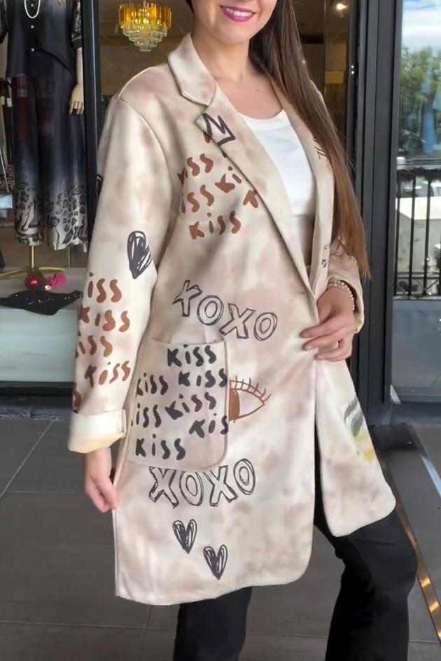 Women's Casual Heart Letter Print Mid-length Lapel Coat