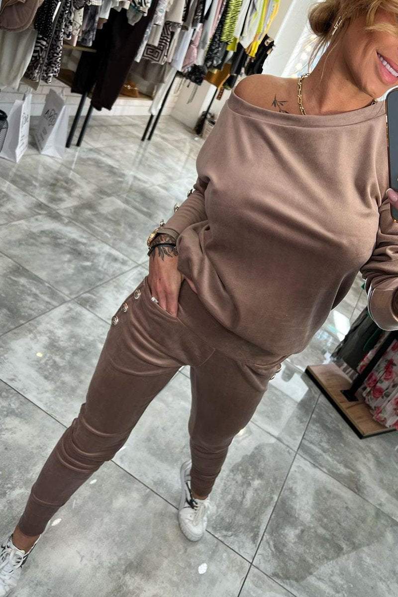 Women's Round Neck Long Sleeve Button Design Casual Autumn Suit