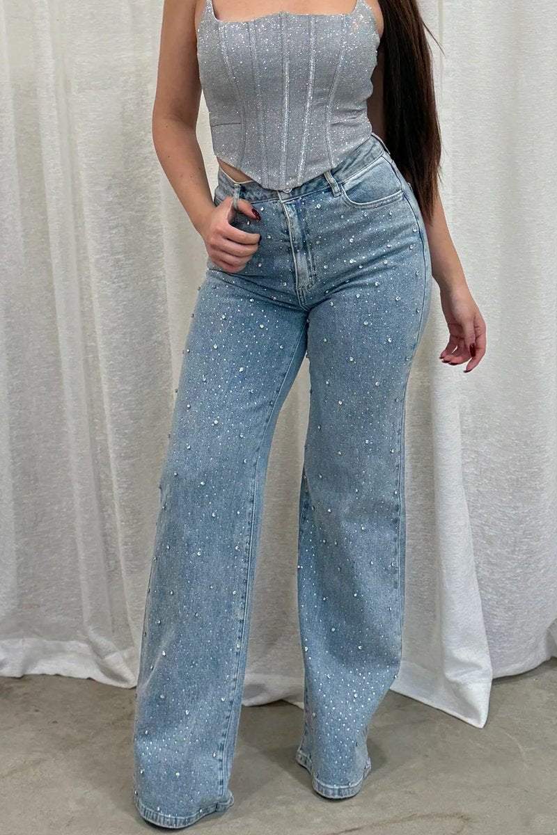 Women's Elegant Bright Silver And Diamond Micro Stretch Jeans