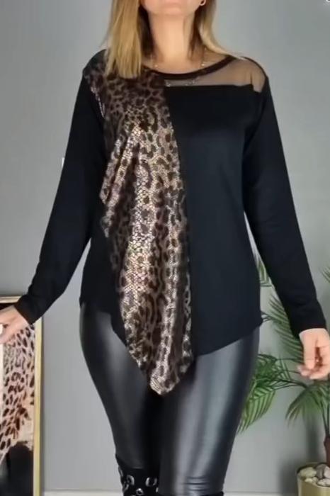 Women's Round Neck Leopard Print Patchwork Irregular Hem Top