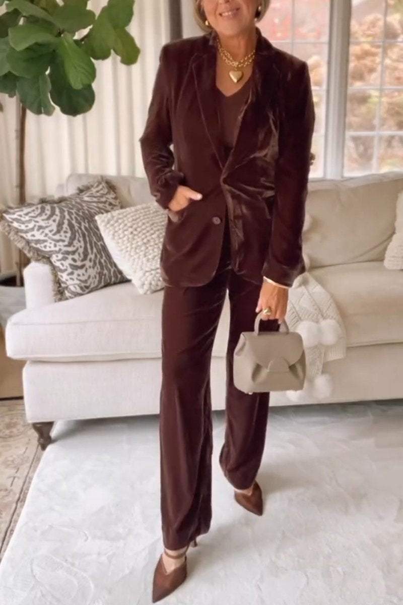 Women's Casual Lapel Solid Color Suede Two-piece Suit