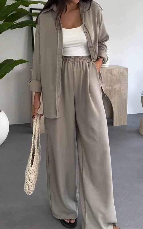 Women's Lapel Single Breasted Shirt Paired with Long Pants Two Piece Suit