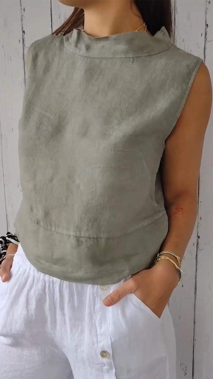 Stand Collar Sleeveless Cotton and Linen Top