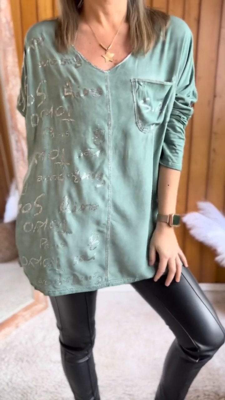 Women's V-neck Long-sleeved Letter Print Top