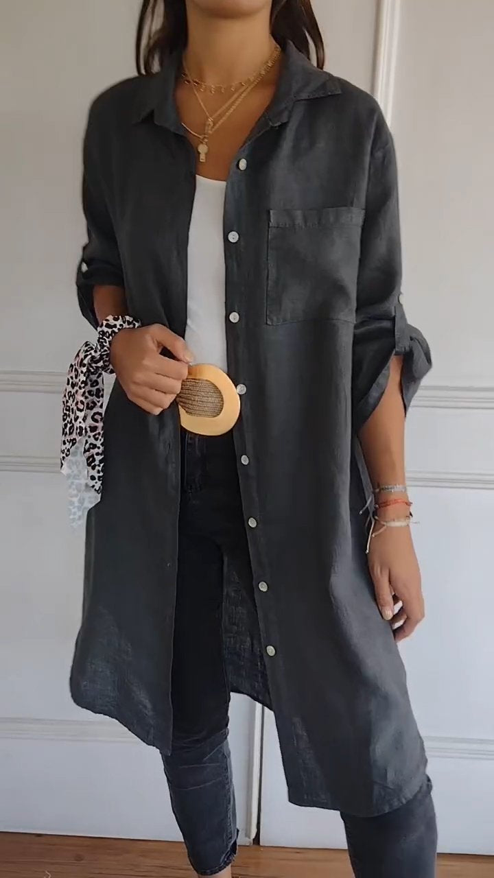 Cotton and Linen Shirt Style Midi Dress