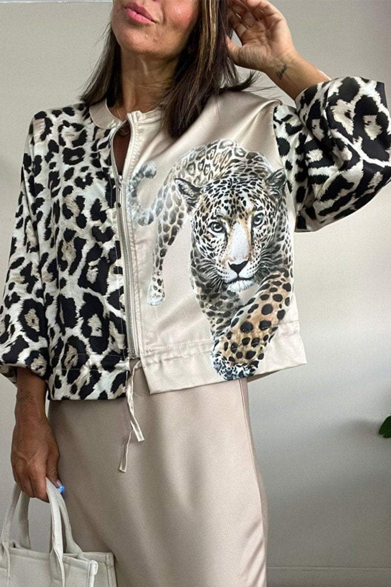 Women's Casual Round Neck Leopard Printed Zipper Jacket