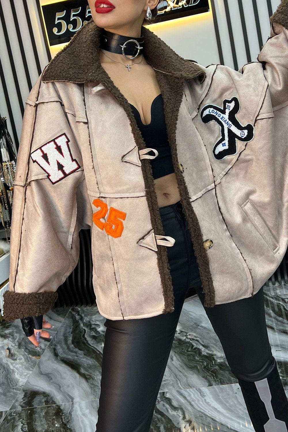 Women's Casual Warm Sherpa Contrast Letter Print Jacket