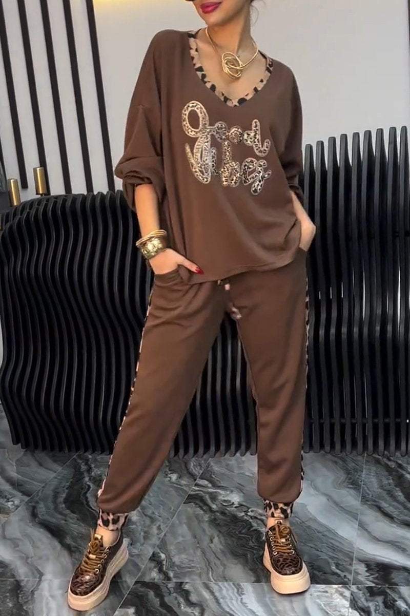 Women's V-neck Long-sleeved Leopard Print Casual Suit