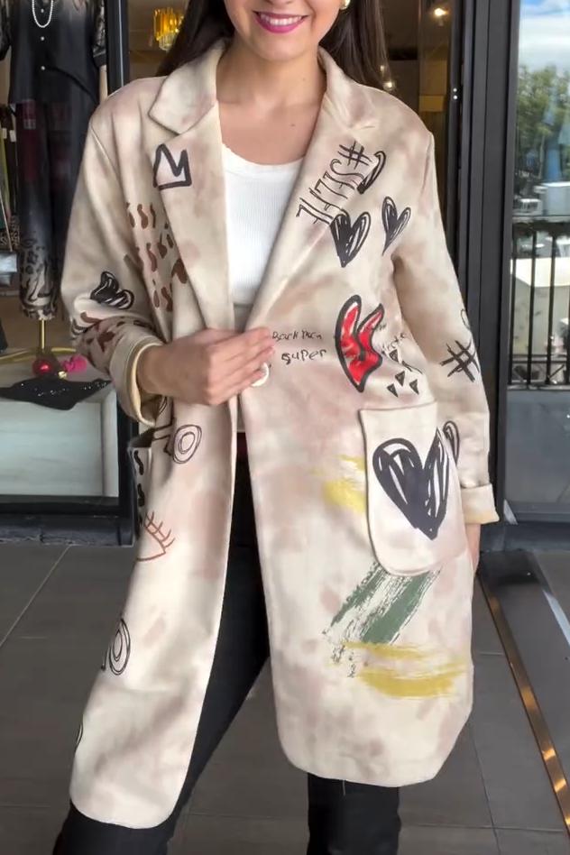 Women's Casual Heart Letter Print Mid-length Lapel Coat