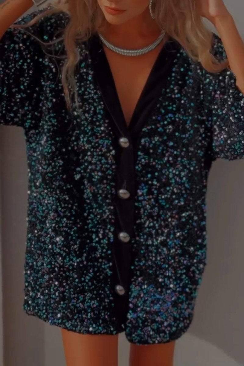 Women's V-neck Sequined Button Casual Top