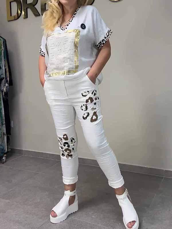 Women's V-neck Hot Stamping Two-piece Suit