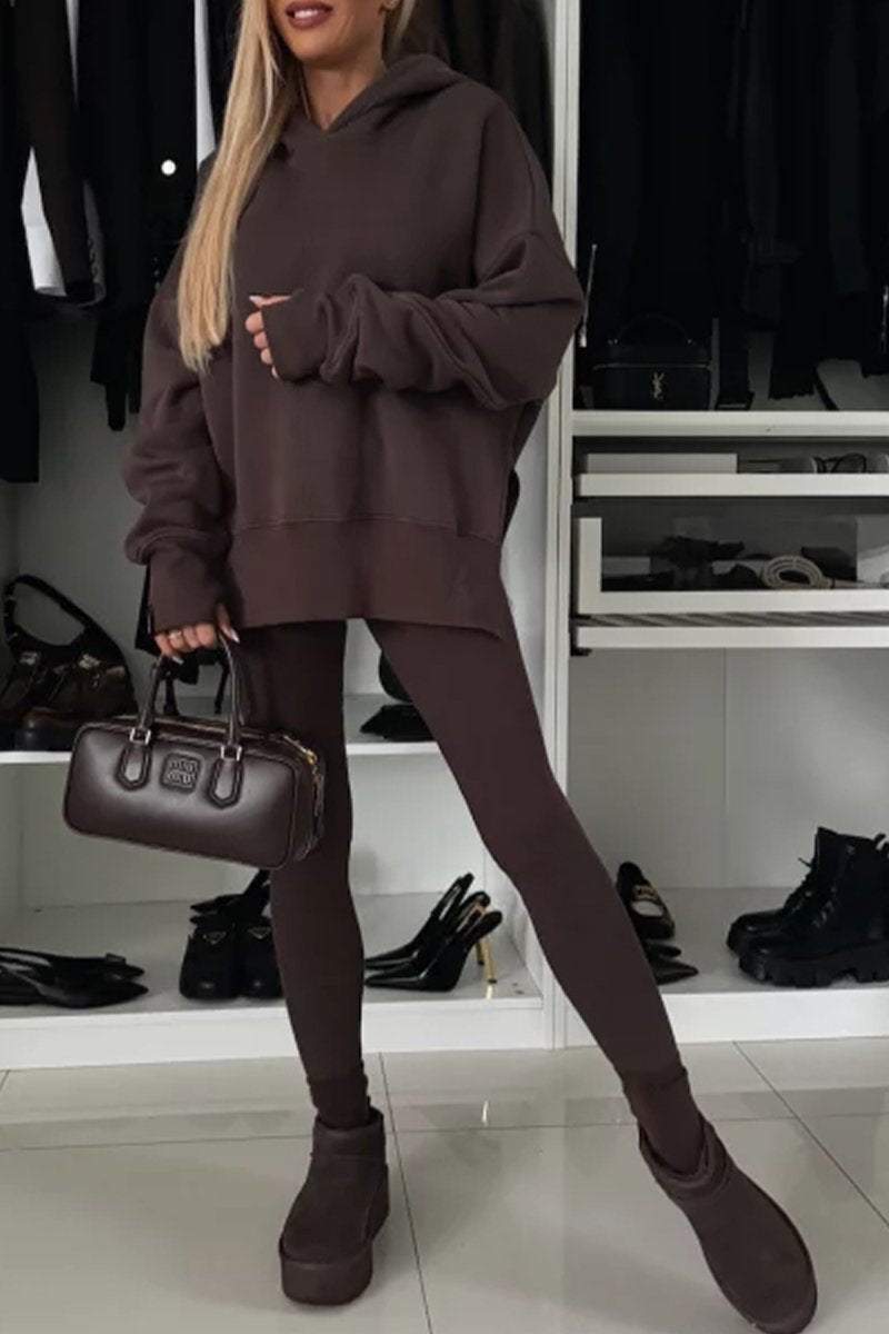 Women's Fall/winter Solid Color Crew-neck Side Slit Hoodie Set