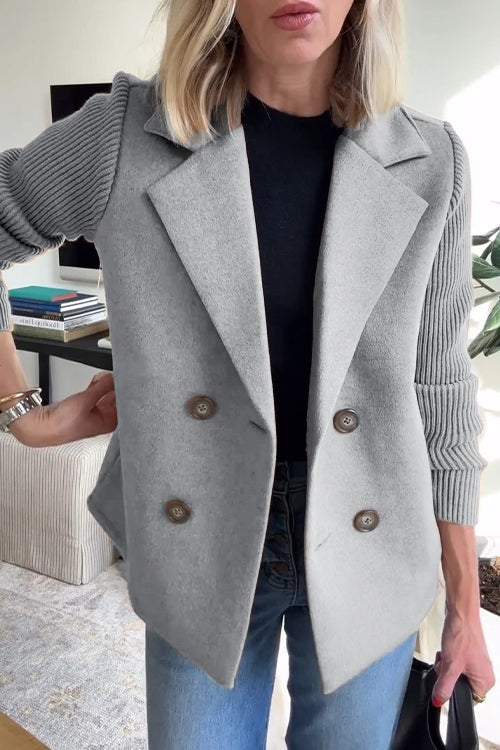 Women's Lapel Button Patchwork Sleeve Casual Coat with Two Pockets on the Sides