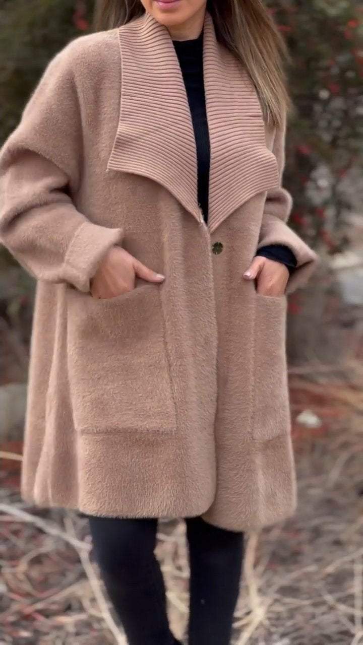 Women's Lapel Knitted Furry Sleeve Casual Long Coat