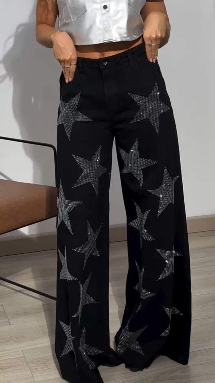 Women's Star Diamond Shiny Casual Denim Pants