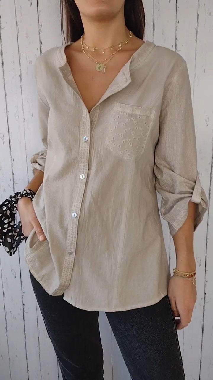 Round Neck Mid-sleeve Cotton and Linen Casual Top