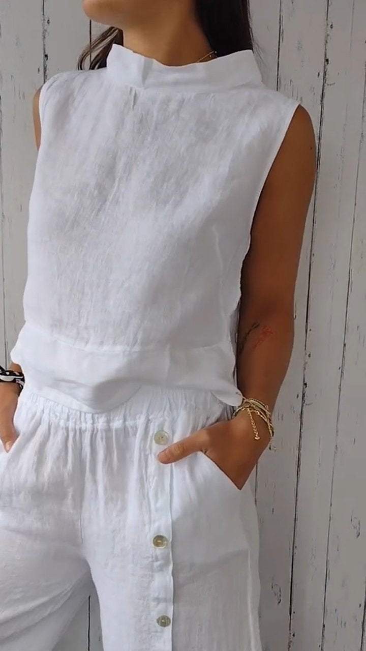 Stand Collar Sleeveless Cotton and Linen Top