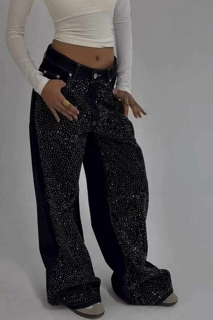 Women's Fashion Rhinestone Mid-Rise Wide-Leg Jeans