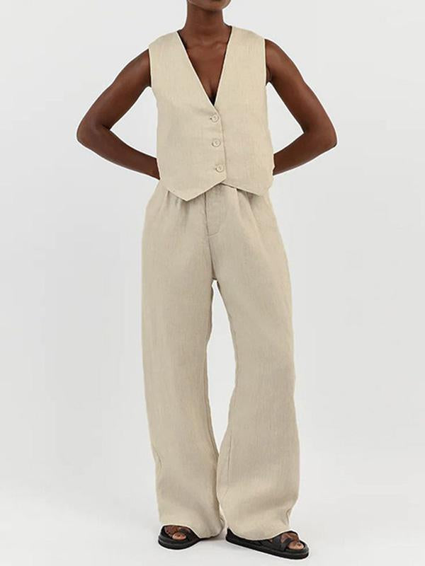 Cotton and linen sleeveless vest, casual and fashionable straight trousers two-piece set