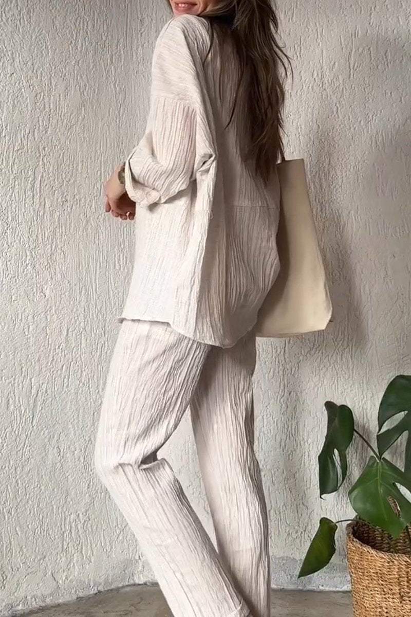 Women's casual cotton and linen pleated textured fabric shirt and pants two-piece set