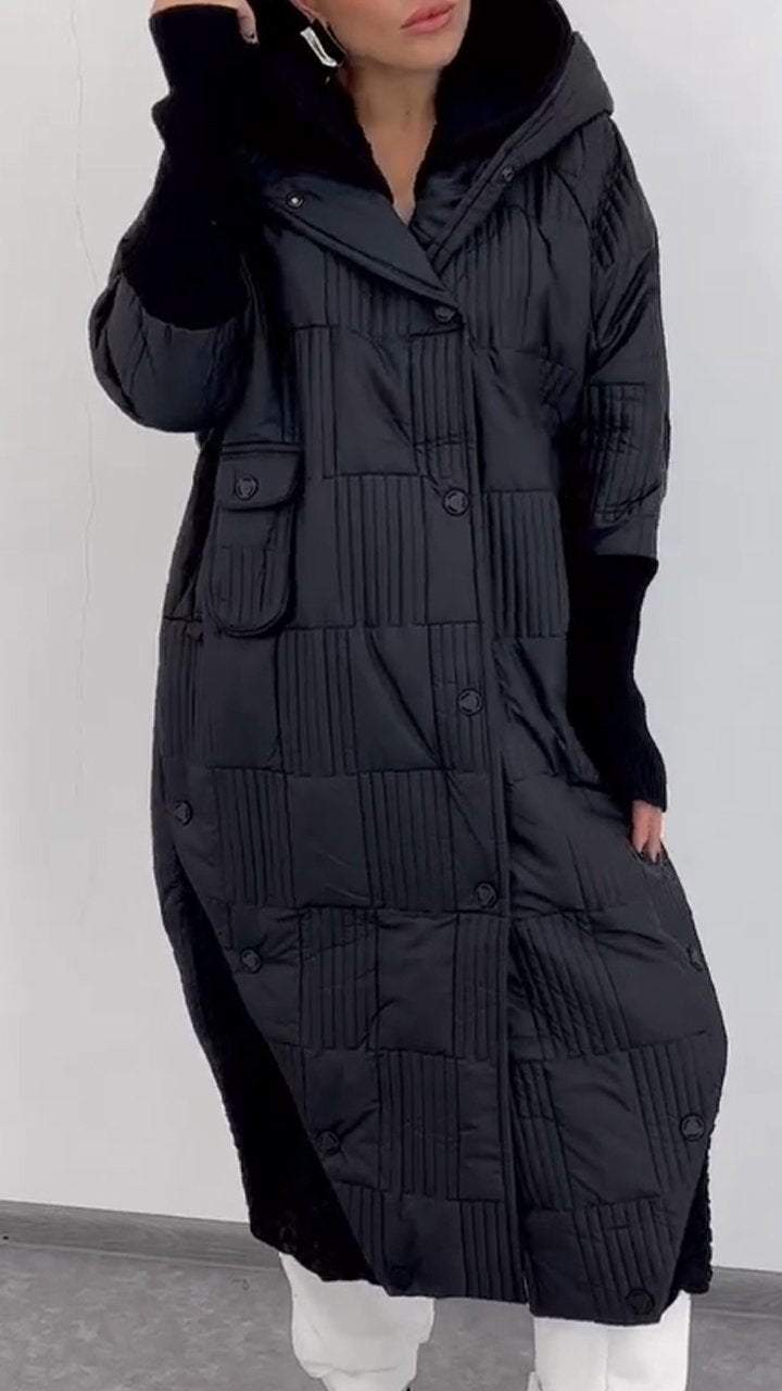 Women's Hooded Long Cotton Coat with Patchwork Sleeves