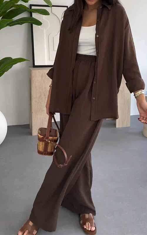 Women's Lapel Single Breasted Shirt Paired with Long Pants Two Piece Suit