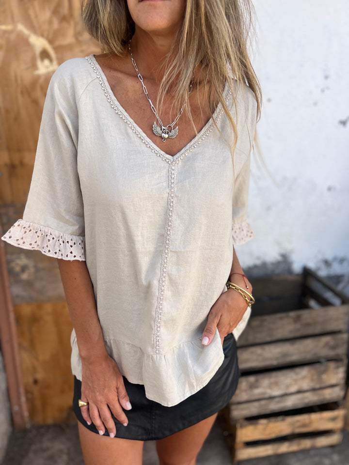 Cotton and Linen V-neck Casual Top