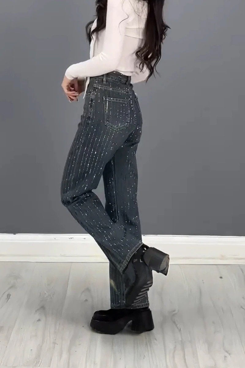 Women's Fashion Striped Diamond Embellished Jeans