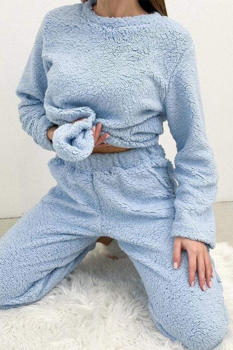 Women's Casual Round-neck Solid Color Plush Home Two-piece Set