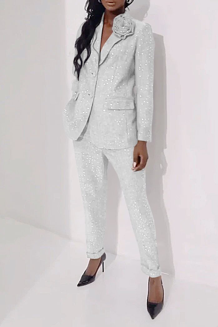 Women's Casual Sequined Shiny Slim Pants Two-piece Suit