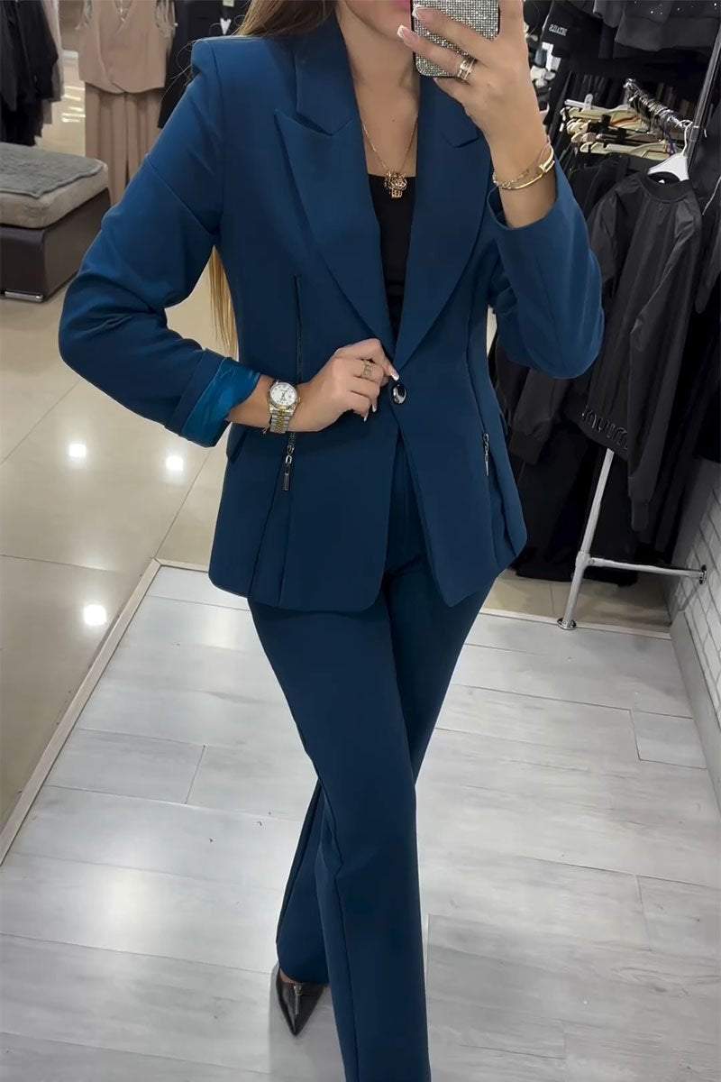 Women's Casual Solid Color Zipper Blazer Two-piece Set