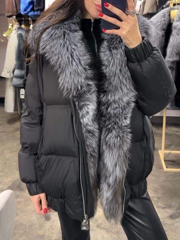 Women's Fur Patchwork Zipper Fashionable Cotton Coat