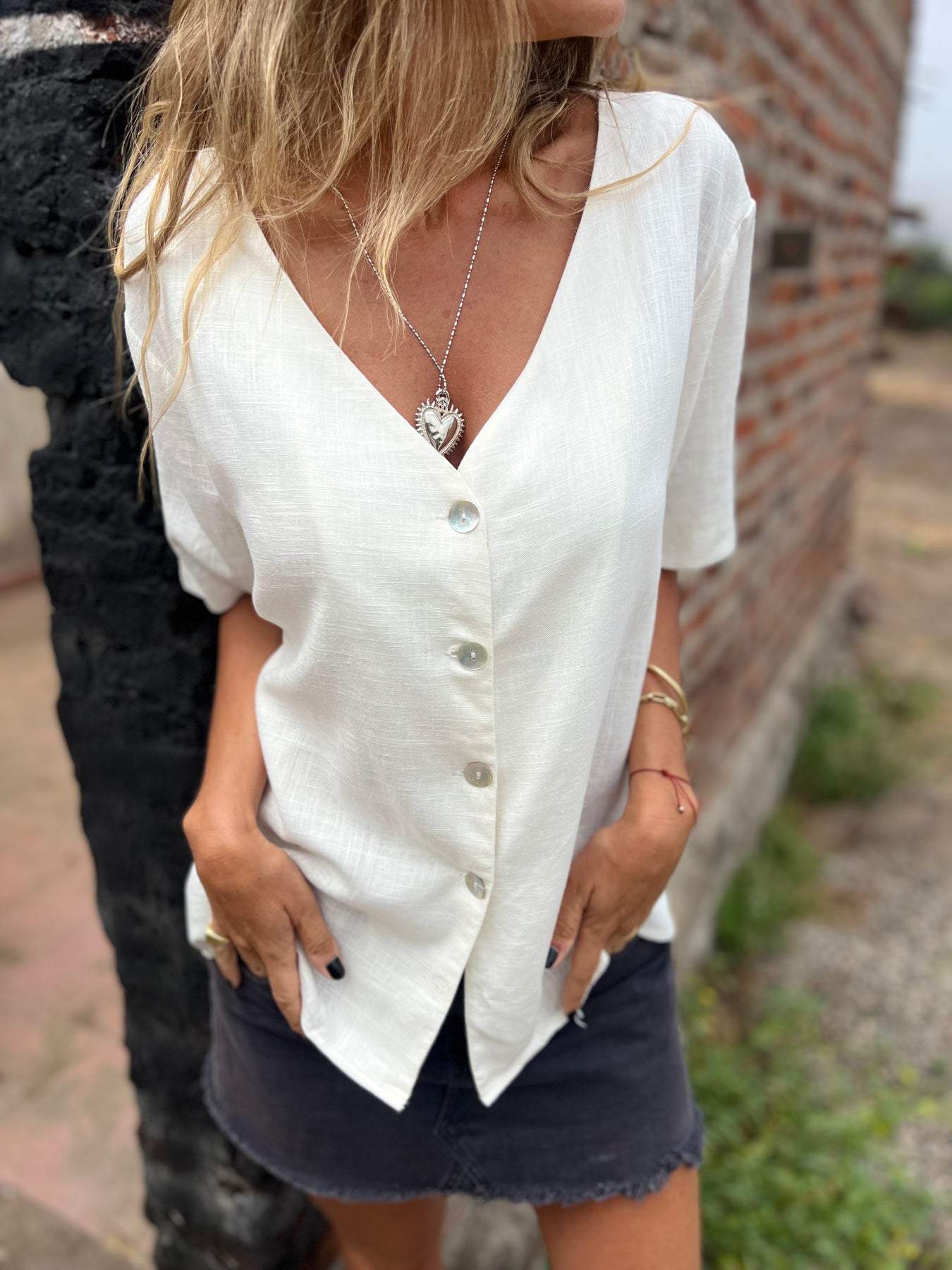 Cotton and Linen V-neck Button-down Shirt