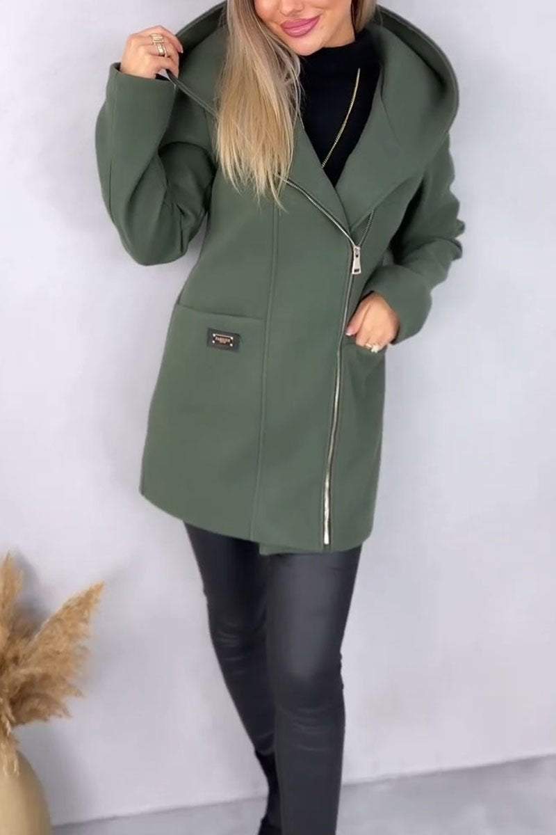 Women's Winter Design Solid Color Warm Zipper Hooded Coat