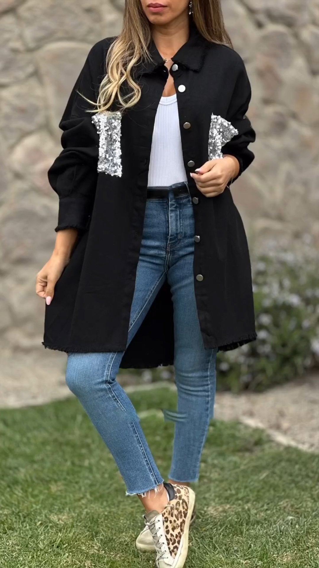 Women's Lapel Sequined Denim Coat