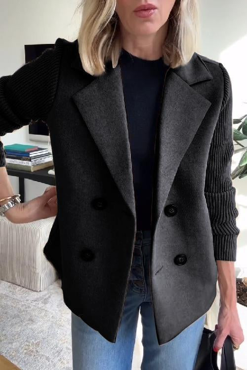 Women's Lapel Button Patchwork Sleeve Casual Coat with Two Pockets on the Sides